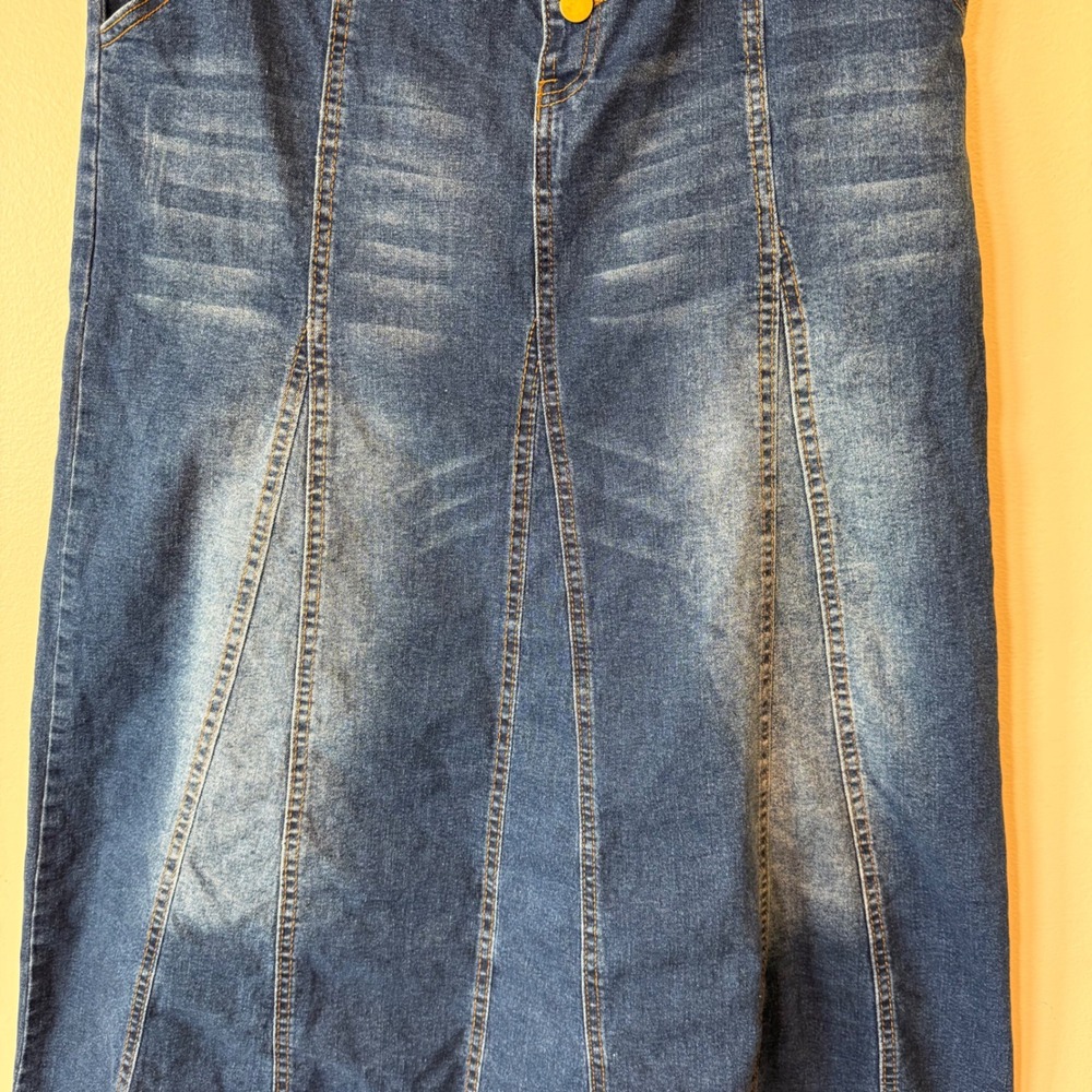 Cotton Denim Skirt M/L Blue Button Front Paneled Maxi Flared Western Boho Retro - Picture 6 of 6